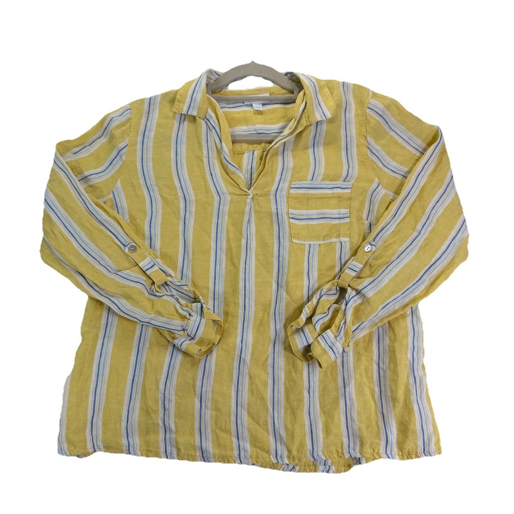 J Jill Love Linen Top Women's M Costal Beach Lagenlook‎ (Flaw)Summer Yellow Blue